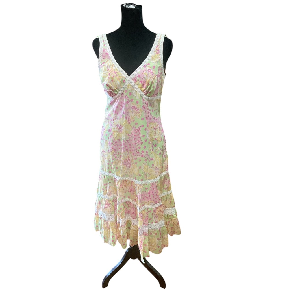 Lilly Pulitzer Pink Green Floral Polka Dot Tiered Midi Dress Lace Trim Womens 6